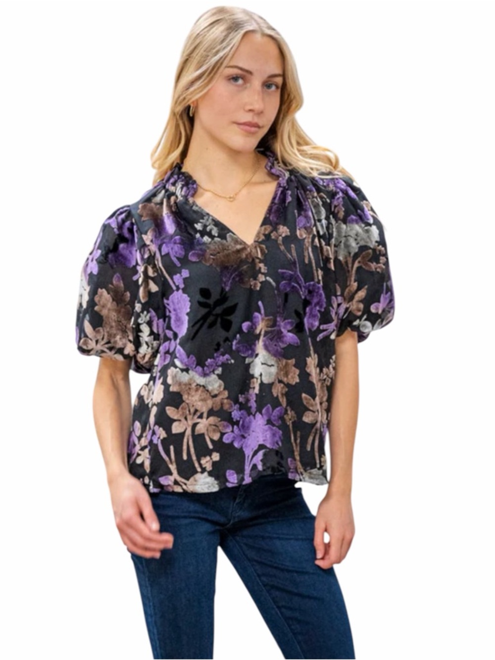 NWT THML Puff Sleeve Burnout Blouse Multi Color Floral Pattern Size Small